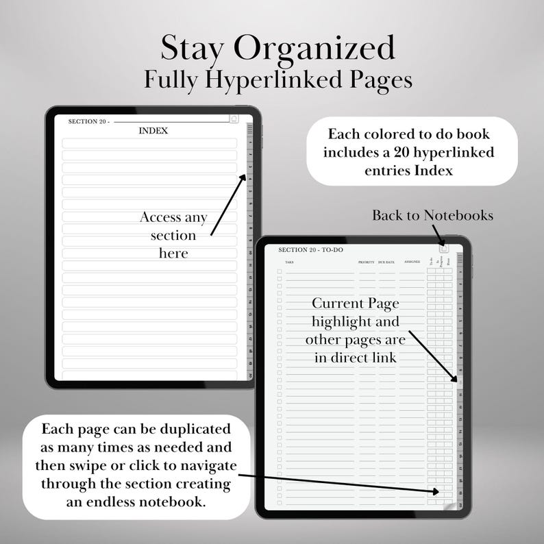 May include: Two digital tablets displaying a digital notebook with the text "Stay Organized Fully Hyperlinked Pages". The tablets show a to-do list and index pages. The text on the image includes "Access any section here" and "Each page can be duplicated".