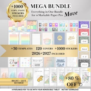 Puede incluir: Paquete de planificador digital para reMarkable Paper Pro, que incluye 120 cubiertas, más de 1000 pegatinas y más de 30 plantillas. Incluye páginas rayadas, en blanco, cuadriculadas y punteadas, además de calendarios de 2026 y 2027. Ofrece plantillas para el bienestar, el seguimiento de hábitos y la planificación de comidas.