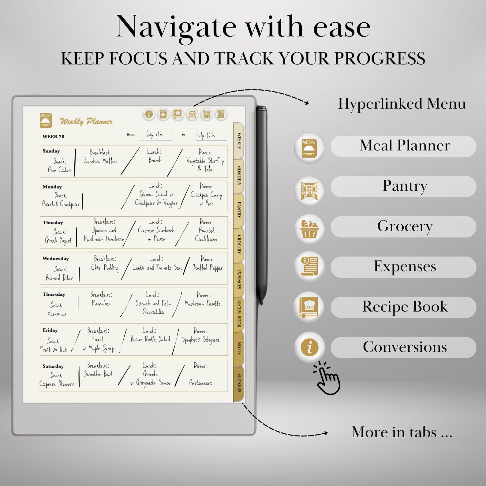 Meal Planner Template for Remarkable Paper Pro Hyperlinked Meal