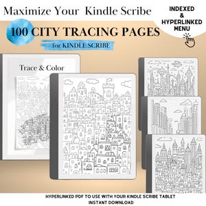 May include: A digital download for Kindle Scribe with 100 city tracing pages. The image shows a Kindle Scribe with city outline drawings, and the text "Trace & Color". The product is a hyperlinked PDF for instant download.