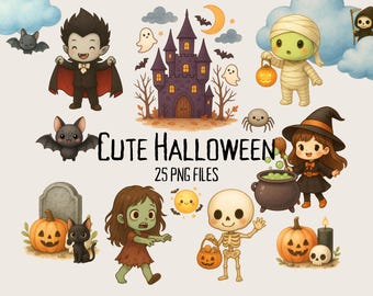 Halloween Clipart - Cute Little Halloween - Witch, Vampire, Mummy, Werewolf, Frankenstein - PNG - Digital Download - Commercial Use