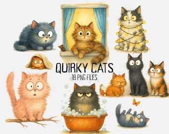 18 udda katter clipart, nyckfull kattunge clipart, högkvalitativ PNG, akvarell clipart, skräpjournal, digital nedladdning, papperspyssel clipart