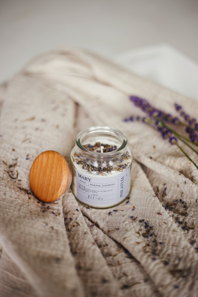 MARY relax natural soy wax essential oil candle glass jar image 2