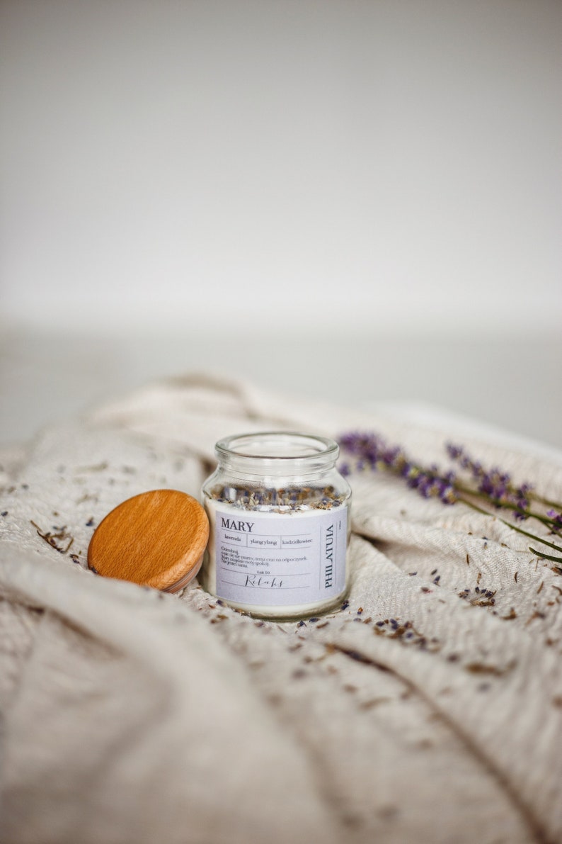 MARY relax natural soy wax essential oil candle glass jar image 1