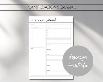 Könnte beinhalten: Ein schwarz-weißer druckbarer Wochenplaner mit dem Titel "Planificación Semanal" und dem Text "descarga inmediata" in einem Kreis. Der Planer enthält Abschnitte für "Semana", "Tareas de la Semana", "Objetivos", "Lunes", "Martes", "Miércoles", "Jueves", "Viernes", "Sábado" und "Domingo". Der Text am unteren Rand der Seite lautet "Formatos de impresión: A4, A5, US letter".
