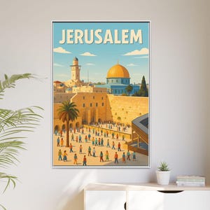 Póster de Jerusalén: lienzo mate enmarcado para pared / Impresión vintage de estilo viajero / Decoración israelí / Ambiente costero / Varios tamaños