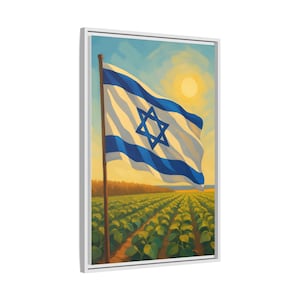 Arte de parede em tela com bandeira de Israel, pôster moderno da bandeira israelense com luz solar e campos | Decoração judaica para casa | Presente patriótico