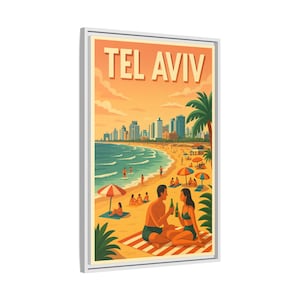 Poster plage rétro de Tel Aviv : oeuvre d'art murale encadrée en toile mate | impression vintage style voyage | Décoration Israël | Ambiance maison côtière | Plusieurs tailles