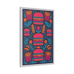 Bold Burger & Fries Canvas Wall Art: Framed Matte Food Print | Modern Retro Pop Kitchen Decor | Colorful Hamburger Artwork | Playful Gift