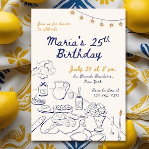 Birthday Dinner Invitation, Modern Birthday Invite, Hand Drawn Invite for Dinner, Birthday Dinner Party, Cocktail Birthday Invitation