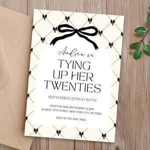 Chic Black Bow 30th Birthday Invitation, 30th Birthday Party, Tying Up My Twenties, Editable Thirtieth Birthday Party Invite, Canva Template