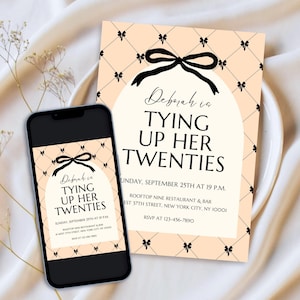 Elegant Black Bow 30th Birthday Invitation, Tying Up My Twenties, Editable Thirtieth Birthday Party Invite, 30th Birthday Party, Canva