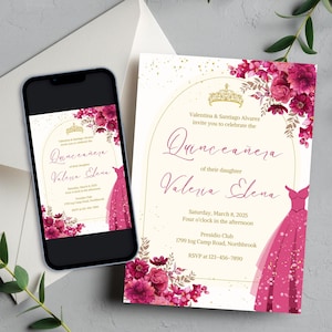 Pink Gold Floral Quinceañera Invitation: Editable Template (Digital)