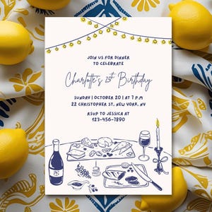 Birthday Dinner Invitation, Digital Birthday Invitation, Birthday Dinner Party, Minimalist Invite Template, Hand Drawn Invite for Dinner