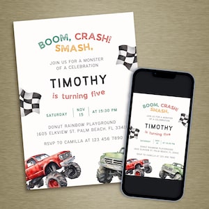 Editable Digital Birthday Invitation for Boys, Monster Truck Invitation Canva, Boom Crash Smash