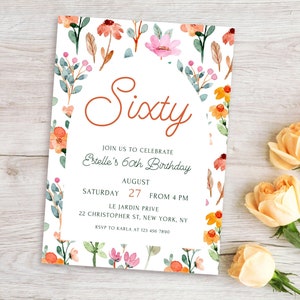 Editable 60th Birthday Invitation, Wildflower Invite, Sixty Birthday Invitation, Flower Birthday Invitation, Floral Birthday Party, Canva