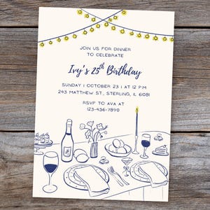 Birthday Dinner Invitation, Hand Drawn Invite for Dinner, Cocktail Birthday Invitation, Birthday Dinner Party, Modern Birthday Invite
