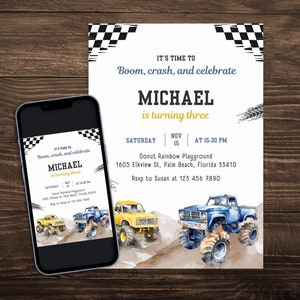 Editable Monster Truck Birthday Invitation, Monster Truck Invitation Template Canva, Digital Birthday Invitation for Boys, Truck Birthday