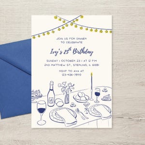 Op de afbeelding: Een witte uitnodigingskaart met een blauwe en gele illustratie van een gedekte tafel met lichtslingers erboven. De tekst op de kaart luidt "Join us for dinner to celebrate Ivy's 25th Birthday. Sunday October 23 at 12 PM 243 Matthew St., Sterling, IL 61081 RSVP to Ava at 123-456-7890"