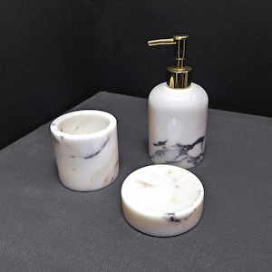 Bathroom Counter Top Set of 3, Calacatta Viola Marble, Soap Dispensers, Toothbrush Holder