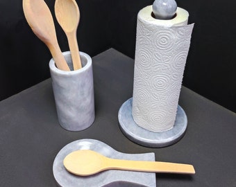 Kitchen Organizer Set, Grey Marble, Paper Towel Holder, Spoon Holder, Cooking Spoon Rest,