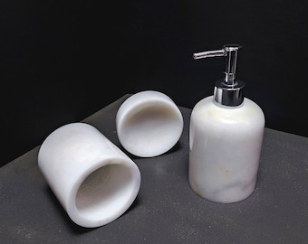 Bathroom Counter Top Set of 3, White Marble, Soap Dispensers, Toothbrush Holder,