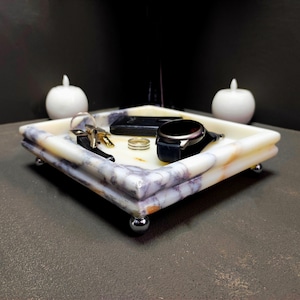 Marble Tray Silver Legs,Natural Viola, Square Decorative Tray, Jewellry Platter, Bathroom Organizer,  Service Tray