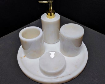 Marble Bathroom Counter Top Set of 5, White, Soap Dispensers, Toothbrush Holder, Cotton Cover, Tray,