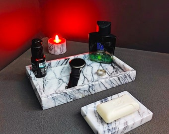 Bathroom Accessories Set Elegant Lilac Marble, Soap Dispenser, Tray, Candle Holder