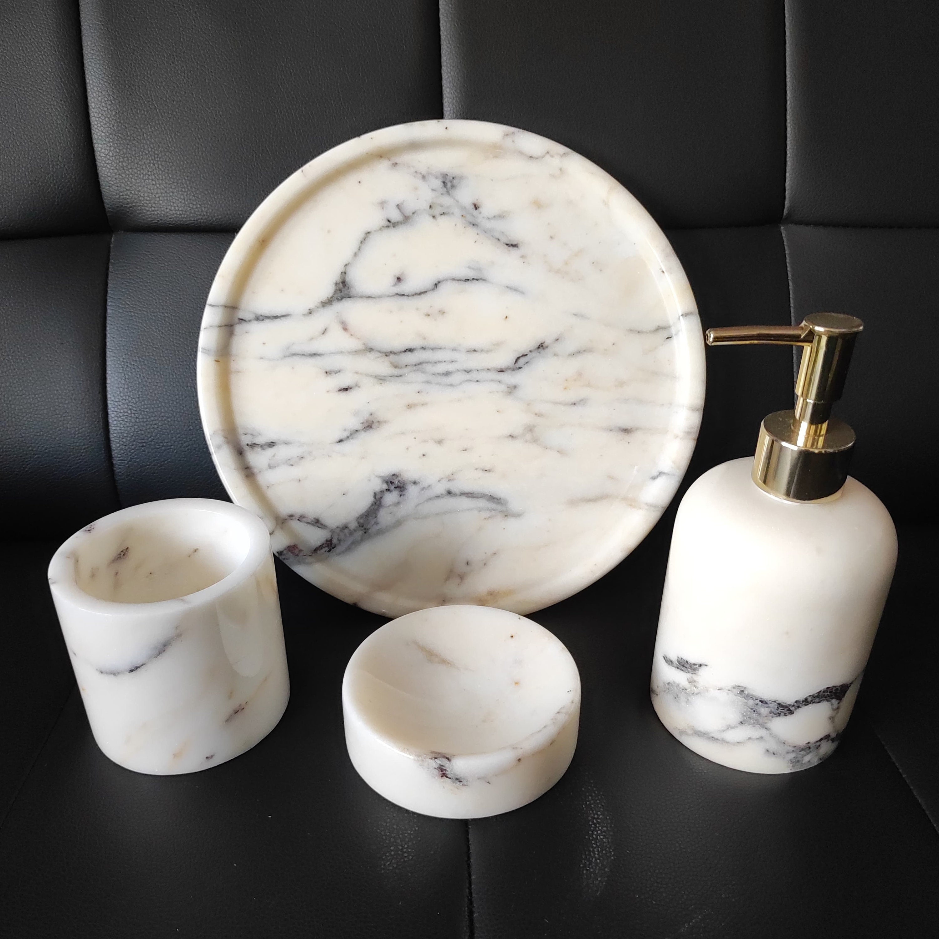 Marble Bathroom Counter Top Set of 4, White Calacatta , Soap Dispensers, Toothbrush Holder, Tray,