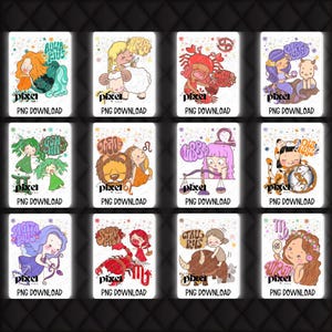 星座デジタルダウンロードバンドル | 昇華、DIY クラフト、占星術の装飾、ギフトに最適な 12 種類のかわいい占星術星座 PNG | 星座 DTF