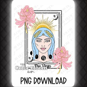 Virgo Zodiac PNG Digital Download | Astrology-Themed Sublimation File | Floral Virgo Design | Virgo Zodiac Tarot Card PNG | Virgo Zodiac DTF
