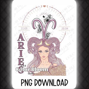 Aries Zodiac PNG Digital Download | Astrology Sublimation Design | Aries Ram Art -DIY Crafts, Décor, Gifts, Print Projects, Aries Girl DTF