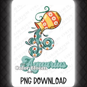 Aquarius Zodiac PNG Digital Download – Vibrant Retro Water Bearer Design for DIY Sublimation on Shirts, Mugs, Totes & Home Décor | DTF - png