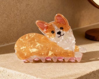 Haarspange | Corgi | Braun | Haaraccessoire | Haarhalter | Haarclip | Haarschmuck | Haarklammer | Schildpattartig | Kralle | Hund | Spange