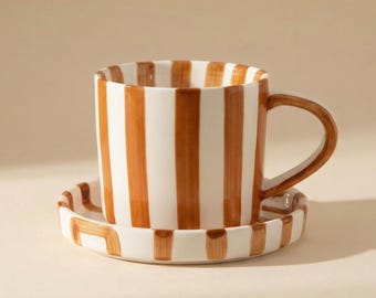 Taza de rayas de diseño nórdico | Dulces | Platillo | Té | Café | Cerámica | Verde | Pintada | Minimalista | Vintage | Taza | Rayas