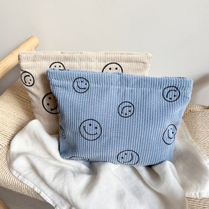 Smiley make-uptasje Beige Luiertas Toilettas Lachend gezicht Toilettas Corduroy Organisator tas Vintage tas afbeelding 1