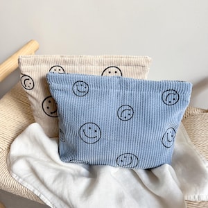 Smiley Kosmetiktasche | Beige | Wickeltasche | Kulturbeutel | Lächelndes Gesicht | Kulturtasche | Cord | Organizer | Tasche | Beutel Vintage