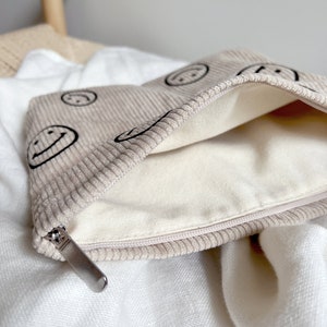 Smiley make-uptasje Beige Luiertas Toilettas Lachend gezicht Toilettas Corduroy Organisator tas Vintage tas afbeelding 7