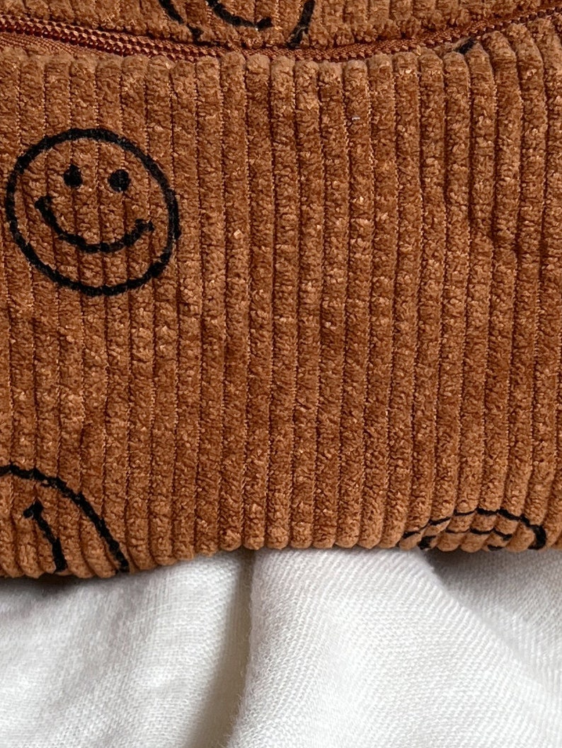 Smiley Kosmetiktasche Beige Wickeltasche Kulturbeutel Lächelndes Gesicht Kulturtasche Cord Organizer Tasche Beutel Vintage Braun