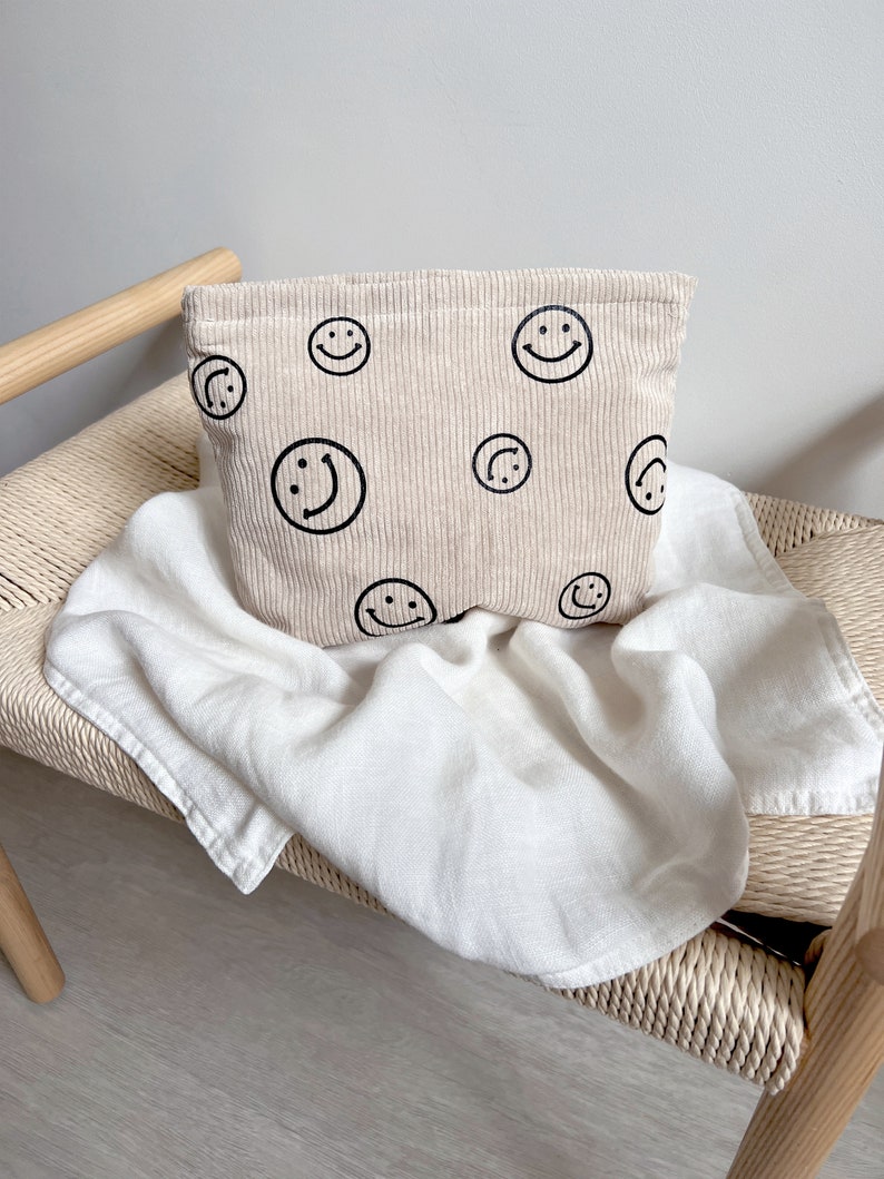 Smiley make-uptasje Beige Luiertas Toilettas Lachend gezicht Toilettas Corduroy Organisator tas Vintage tas Beige