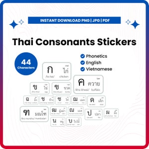 Thais alfabet 44 medeklinkers digitale stickers, afdrukbare downloadbare karakter-flashcards, Thailand taalleermateriaal | PDF-PNG-JPG