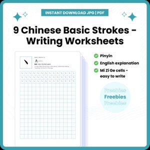 Fogli di lavoro per scrivere in 9 tratti di base, apprendimento semplificato della lingua cinese, quaderno di esercizi per lettere Mi Zi Ge, HSK Mandarino 汉字 PDF digitale stampabile