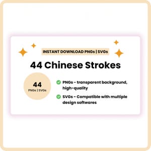 May include: A digital graphic featuring the text INSTANT DOWNLOAD PNGS | SVGS and 44 Chinese Strokes. It includes a beige circle with 44 PNGS | SVGS, plus two green checkmarks listing PNGs with transparent backgrounds and SVGs for design software.