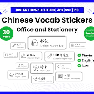 Set 30 pegatinas de vocabulario chino / Etiqueta de vocabulario chino mandarín simplificado / Estudio Hanzi Planner / Nota de palo imprimible / SVG / JPG / PNG