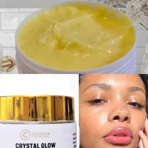 May include: A jar of yellow cream with a white lid is shown, along with a close-up of a person's face. The jar has a gold-coloured lid and the text "COCOGlow" and "CRYSTAL GLOW" is visible on the label.