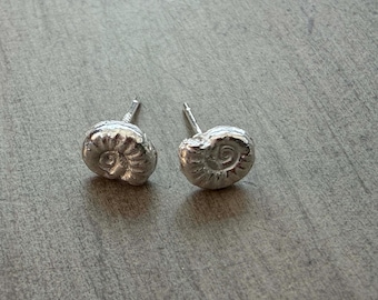 Sterling silver ammonite stud earrings - handmade from a tiny ammonite fossil