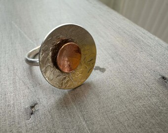 Sterling silver and Copper embossed Ring -hand made size Q1/2