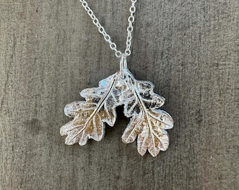 Sterling Silver Two Little Oak Leaves Pendant - Handmade from a real leaf