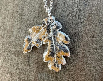 Sterling Silver two little Oak Leaves Pendant - Handmade From Real Leaves